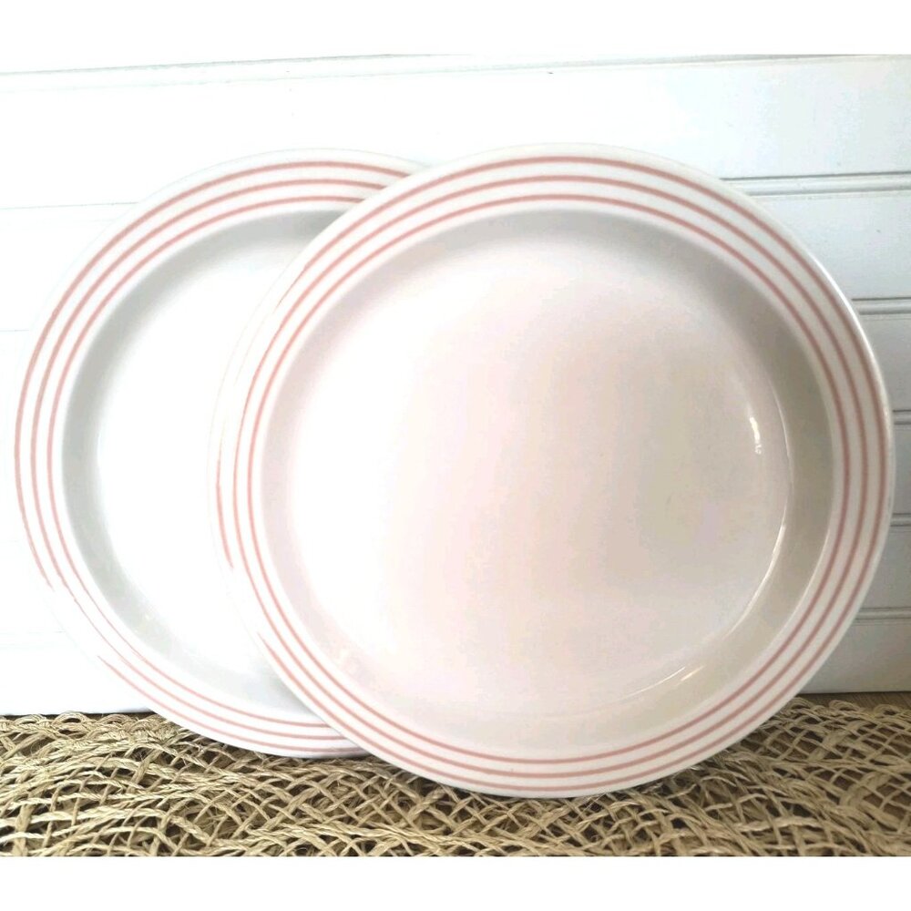SET/2 Medallion Sterling China Dinner Plates, Pink Stripe Rim, EUC